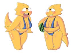 1girls 2d alphys aruput aruput_ut big_breasts blush breasts chubby cleavage female female_only glasses humanoid lizard_girl lizard_humanoid micro_bikini solo swimsuit tagme thick_thighs undertale undertale_(series) watermelon