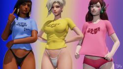 3d 3girls blender blizzard_entertainment blonde_female clothed clothing d.va english_text female female_only looking_at_viewer mercy middle_finger no_pants overwatch panties pharah print_shirt vulpeculy