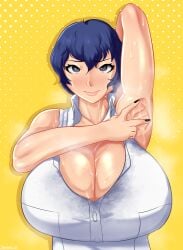 1girls armpit armpit_fetish big_breasts blue_hair blush cleavage hikinks huge_breasts large_breasts persona persona_4 shirogane_naoto short_hair smell smile spreading_armpit sweat sweat_stain sweatdrop tagme yellow_background