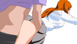 1boy 1girls ambiguous_penetration bare_ass bare_legs bleach blush breasts closed_eyes clothed clothed_sex duo duo_focus endured_face female female_focus from_behind head_out_of_frame inoue_orihime light-skinned_female light-skinned_male light_skin long_hair lying lying_on_stomach mr_trace_mosha orange_hair out_of_frame pants pants_down prone prone_bone school_uniform schoolgirl sex sex_from_behind shirt skirt taken_from_behind unseen_male_face