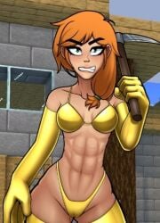 abs alex_(minecraft) angry_face bikini_armor gloves golden_bikini horny_craft minecraft muscular_female orange_hair shadik shadikbitardik stockings tagme thick_thighs tomboy yellow_bikini yellow_stockings