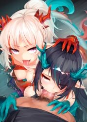 1boy 2girls arknights assisted_fellatio bangs bead_bracelet beads black_hair blue_hair bracelet braid breasts cock_hungry commentary doctor_(arknights) dragon_horns dragon_tail dusk_(arknights) english_commentary eyebrows_visible_through_hair eyes_visible_through_hair fellatio ffm_threesome hair_over_one_eye hand_on_another's_head highres hood hoodie horns jewelry kerasu large_breasts looking_at_viewer male_pubic_hair multicolored_hair multiple_girls nian_(arknights) nipples oerba_yun_fang one_eye_closed open_mouth oral penis pointy_ears ponytail pov pubic_hair purple_eyes red_eyes red_hair ricegnat sexual_coaching side_braid sisters streaked_hair tail teamwork threesome tongue tongue_out tsurime two-tone_hair white_hoodie wince