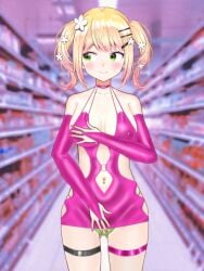 accurate_art_style bimbo bimbofication bodycon buying_condoms condom corruption embarrassed hololive hololive_gen_5 hololive_japan momosuzu_nene regisvine2078 virtual_youtuber yellow_hair