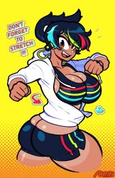 alchykiller ass big_breasts dark-skinned_female dark_skin earbuds english_text exercise female female_only hoodie looking_at_viewer multicolored_hair ponytail smile solo sports_bra sportswear stretching sweat thick_thighs tomboy twisted_torso voluptuous yeet-chan