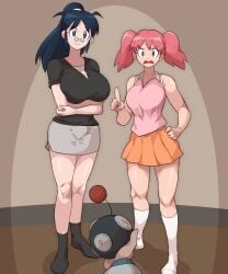 1boy 2021 2girls 2girls1boy aki_hinata black_hair breasts clothing female female_focus fuyuki_hinata glasses huge_breasts incest keroro_gunsou large_breasts male milf mother_and_daughter natsumi_hinata pink_hair pointing skirt socks tagme unseen_male_face zznakuu