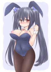 animal_ears areolae bare_shoulders black_hair blush bowtie breasts breasts_out_of_clothes bunny_ears bunny_girl bunnysuit cameltoe choujigen_game_neptune covered_navel female female_only large_breasts long_hair looking_at_viewer looking_to_the_side neptunia_(series) nipples noire puffy_areolae red_eyes sekiri solo standing tied_hair twintails