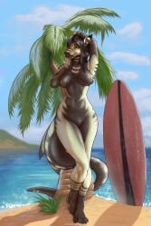 2:3 absurd_res anthro beach board breasts cloud female fish ghost738589 grass hi_res marine nipples palm_tree paws plant sand scrfing seaside shark sky tail tree viperdm water