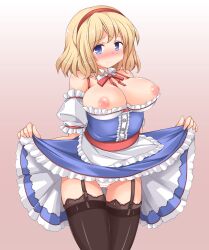 alice_margatroid bare_shoulders blonde_hair blue_eyes blush breasts clothes_pull clothing dress dress_lift dress_pull female female female_only garter_belt garter_straps hairband inverted_nipples lace lace-trimmed_legwear lace-trimmed_thighhighs lace_trim large_breasts lingerie nipples pantsu sekiri short_hair solo thigh_gap thighhighs touhou underwear