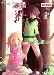 2boys 2d 2d_(artwork) after_oral balls big_penis blush boots bottomless bow brown_hair closed_eyes clothed clothed_sex clothing cum duo english_text erection eyebrows_visible_through_hair femboy femboy_on_femboy flower fully_clothed gay girly grass heart hoodie_(artist) humanoid humanoid_penis kneeling leaves light-skinned_male light_skin long_sleeves looking_at_penis male male/male male_only max_(hoodie) mostly_clothed open_mouth original outdoor_sex outdoors penis pointy_ears saliva shoulder_angel shoulder_devil speech standing text thighhighs tongue_out tree twintails yaoi