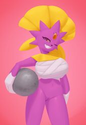 absurd_res alternate_color anthro bandage big_breasts bottomless bottomless_female breasts clothed clothing dibujosv12 female genitals hi_res holding_object iron_ball mammal mustelid nintendo partially_clothed pokémon_(species) pokemon pussy shiny_pokémon smile solo video_games weavile