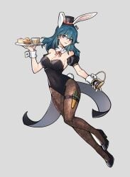 1girls absurdres alternate_costume animal_ears blue_eyes blue_hair bow breasts bunny_ears bunny_girl bunnysuit byleth_(fire_emblem) byleth_(fire_emblem)_(female) cake cake_slice commentary covered_navel cup cupcake detached_collar detached_sleeves eyebrows_visible_through_hair fake_animal_ears fake_tail female female female_only fire_emblem fire_emblem:_three_houses food full_body grey_background hat high_heels highres leotard medium_breasts medium_hair mini_hat mixed-language_commentary nintendo pantyhose plate playboy_bunny rabbit_ears rabbit_tail short_sleeves silvercandy_gum simple_background solo strapless strapless_leotard tail teacup teal_hair thigh_strap watermark wrist_cuffs