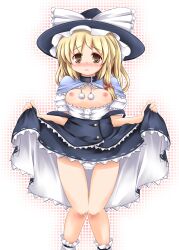 blonde_hair blush breasts clothes_pull clothing collar eyebrows_visible_through_hair female female_only hat headwear marisa_kirisame medium_breasts nipples pantsu sekiri short_hair skirt skirt_lift skirt_pull solo touhou underwear witch witch_hat yellow_eyes