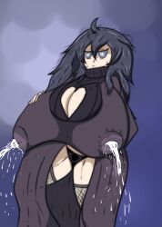 1girls alternate_breast_size bloodtail breasts clothed dress eyeshadow female hair_between_eyes hex_maniac hips huge_hips lactation lactation_through_clothes large_ass large_breasts milk milk_squirt milking_machine muscular_female nintendo pokemon pokemon_rse purple_hair solo thick_thighs