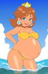 1girls belly big_belly bikini breasts brown_hair female female_focus female_only freckles mario_(series) nintendo pregnant princess_daisy solo_female tan_skin thatguyusojin thighs