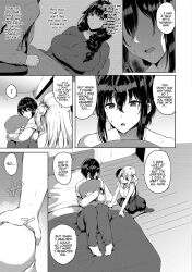 1boy 1futa black_hair blonde_hair breasts clothed clothing comic dialogue doujinshi english_text erectile_dysfunction femboy fully_clothed futanari human kasuga_mayu long_hair male monochrome text translated trap twintails