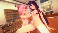 2girls bra bra_only dildo doki_doki_literature_club female fingernails groping_breasts hair_clip healed_scars library library_background mechanical_dildo multiple_girls nail_polish natsuki_(doki_doki_literature_club) on_table pink_eyes pink_hair pink_nails pubic_hair purple_eyes purple_hair purple_pubic_hair tongue_out yuri yuri_(doki_doki_literature_club)