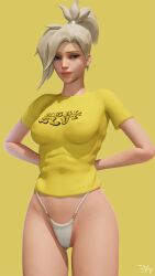 1girls 3d blender blizzard_entertainment blonde_female blue_eyes clothed clothing english_text looking_at_viewer mercy no_pants overwatch panties print_shirt thong vulpeculy white_thong