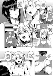 1boy 1futa black_hair blonde_hair breasts clothed clothing comic dialogue doujinshi english_text femboy fully_clothed futa_on_male futanari human kasuga_mayu long_hair male monochrome sitting text translated trap twintails