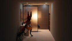 animal_genitalia anthro bathroom big_ears black_body black_fur blender_(software) blurred_character canid canine crouching duo feathers fennec fluffy fluffy_tail fox fully_sheathed fur genitals hi_res jex kamino kaminofox male male/male mammal mirror orange_body orange_fur prick_ears red_body red_fur rexouium sheath shower sneaking uranousraptor white_body white_fur