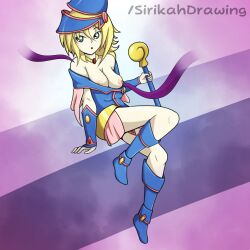 breasts clothes_lift clothes_pull dark_magician_girl female green_eyes magic magical_girl sirikahdrawing surprised surprised_expression tentacle yellow_hair yu-gi-oh!