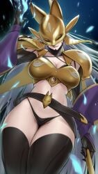 adapted_costume armor bandai_namco belt bikini_armor biting_lip black_thong breasts cameltoe clothed curvy digimon digimon_(species) digimon_tamers female female_solo hi_res highres legwear masked_female matrix_evolution revealing_clothes sakuyamon skimpy solo somebody thick_thighs thin_arms thin_waist thong white_hair wide_hips ying_yang_symbol