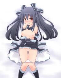 black_hair blush breasts choujigen_game_neptune female female_only lingerie long_hair looking_at_viewer lying medium_breasts neptunia_(series) nipples panties_down pantsu panty_pull red_eyes sekiri solo underwear underwear_pull uni_(neptunia) vagina white_panties white_underwear