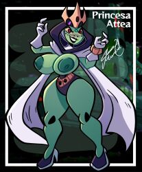 alien alien_humanoid amphibian animal_humanoid attea ben_10 big_breasts blush breasts cartoon_network clothed clothing crown eyewear female frog green_body green_skin hi_res huge_thighs humanoid incursean juanp1arts lips mammal mammal_humanoid nipples not_furry nude smile solo spanish_text text thick_thighs