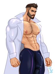 big_bulge blueboybara bulge hairy looking_at_viewer male_focus male_only muscles muscular muscular_male open_coat penis_outline pokemon pokemon_sv professor_turo shirtless_(male)