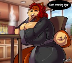 1girls 2022 animal_ears anthro bathrobe big_breasts breasts cleavage dialogue digital_media_(artwork) female huge_breasts mama_maria milf original_character red_hair sitting solo solo_female solo_focus superix tail text_bubble voluptuous watermark