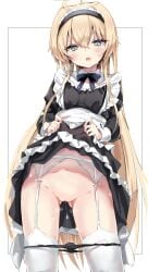 absurdres ahoge angel apron apron_lift black_panties blonde_hair blue_bow blue_bowtie blush bow bowtie female frilled_apron frills garter_belt green_eyes halo highres long_hair long_sleeves looking_at_viewer maid maid_apron maid_headdress open_mouth original panties pussy pussy_juice solo standing stockings sweat thighhighs toshizou_(0714) underwear white_legwear