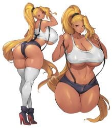 1girls amber_eyes arched_back ass bare_arms bare_midriff bare_shoulders bare_thighs barely_visible_genitalia belly_button blonde_hair booty_shorts breasts cameltoe cleavage collarbone dark-skinned_female dark_skin fat_ass female female_focus female_only gurimjang gyaru heels high_heels kuro_gyaru large_breasts lipstick long_ponytail looking_at_viewer midriff midriff_baring_shirt navel navel_line nipple_bulge nipples_visible_through_clothing plump ponytail short_shorts shorts solo tan_skin tank_top thick_ass thick_thighs thigh_gap thighhighs thighs tomboy underboob workout_clothes