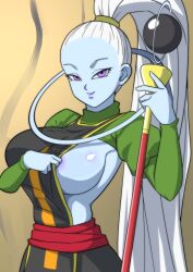 1girls absurdres angel_(dragon_ball) blue_skin breasts cleavage clothes_pull colored_skin cropped_shirt dragon_ball dragon_ball_super dress etzel green_dress halo highres holding large_breasts lipstick long_hair looking_at_viewer makeup ponytail puffy_sleeves purple_eyes sash sideboob solo staff upper_body vados very_long_hair white_hair