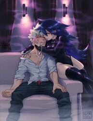 1boy 1girls age_difference blue_eyes blue_hair boner boner_in_pants dominatrix erection_under_clothes female femdom fog hand_on_face hand_under_clothes holding_head katsuki_bakugou latex leotard long_hair male malesub midnight_(my_hero_academia) muscular my_hero_academia nemuri_kayama older_female older_woman_and_younger_boy open_fly pants_open skin_tight smoke spiky_hair student syblatortue teacher teacher_and_student thighhighs tight_clothing tight_fit undressing younger_male