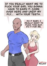 1boy 1girls bald blonde_hair blonde_hair cuckold dark-skinned_male dark_skin dialogue english_text humiliation interracial light-skinned_female light_skin matty_cloud speech_bubble text white_background