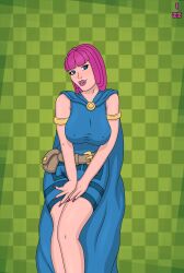 1girls 2023 archer_(clash_of_clans) belt big_breasts blue_eyes breast_grab breasts clash_(series) clash_of_clans clash_royale clothed clothing comic comic_page eyelashes female female_only green_background hands_on_legs looking_at_viewer open_mouth page_1 pink_hair pink_lipstick playzzero short_hair skirt smile smiling smiling_at_viewer solo solo_female squeezing_breast supercell voluptuous voluptuous_female zzerotic