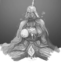 breasts cape cum cum_in_pussy cum_on_body cum_on_breasts darth_vader female genderswap_(mtf) greyscale helmet monochrome nipples pussy rule_63 spread_legs star_wars