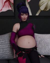 1girls 3d belly big_belly big_breasts breasts couch female female_only fortnite fortnite:_battle_royale heart_tattoo huge_belly light-skinned_female light_skin looking_at_viewer pregnant pregnant3dart purple_hair ready_to_pop solo solo_female stockings tattoo tracy_trouble_(fortnite) two_tone_hair