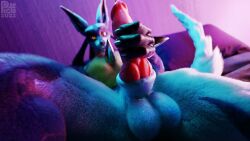 16:9 2022 3d 3d_(artwork) blue_fur digital_media_(artwork) genitals hi_res knot low-angle_view lucario male male_only masturbation nintendo penis picti pokemon pokemon_(species) spikes video_games widescreen