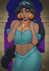 1girls aladdin arabian arabian_clothes bedroom_eyes belly_dancer belly_dancer_outfit black_hair brown_eyes cleavage clothed dark-skinned_female disney disney_princess earrings female female_only harem_girl harem_outfit harem_pants huge_breasts islamic_architecture large_breasts long_hair looking_at_viewer middle_eastern middle_eastern_clothing middle_eastern_female monolithic-sloth navel princess_jasmine royalty seductive seductive_look solo