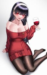 1girls bangs bare_shoulders black_hair blush breasts cleavage drunk eternity_(shadeh) female female_focus hairband highres large_breasts long_hair long_sleeves looking_at_viewer open_mouth red_eyes sidelocks smile solo spy_x_family thighs wine wine_glass yor_briar yor_forger