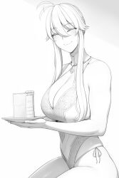 1girls artoria_pendragon artoria_pendragon_(lancer) big_breasts blush breasts cake cake_slice cleavage cleavage_cutout facing_viewer fate/grand_order fate_(series) female female_focus female_only food greyscale holding_plate large_breasts leotard long_hair looking_at_viewer lvl_(sentrythe2310) plate simple_background smile solo solo_focus