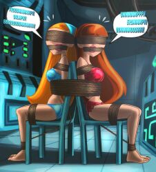 2girls barefoot blindfold blue_eyes bondage bra danny_phantom erikson1 gag gagged handband jazz_fenton nickelodeon original_character panties ponytail red_lipstick rope rope_bondage rope_gag tied tied_to_chair tied_up underwear