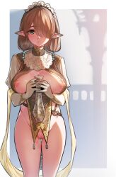 absurdres breasts brown_hair dress drooling female green_eyes hair_over_one_eye highres holding_vase large_breasts looking_at_viewer nipple_slip nipples ogre_(illustogre) one_eye_covered original own_hands_together parted_lips pelvic_curtain pointy_ears pussy solo standing