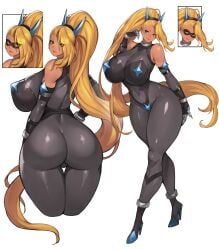 1girls 2022 amber_eyes ass ass_focus back_view bare_shoulders barely_visible_genitalia blonde_hair bodysuit breasts cameltoe clawed_fingers dark-skinned_female dark_skin detached_sleeves fat_ass female female_focus female_only front_view gurimjang gyaru kuro_gyaru large_ass large_breasts lipstick long_hair long_ponytail looking_at_viewer mask masked_female navel navel_line pasties perky_breasts ponytail skin_tight solo tagme thick_thighs thighs tight_clothing wide_hips