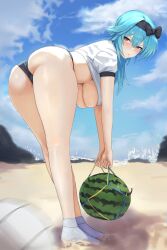 ass beach bent_over big_ass big_butt blue_hair breasts dat_ass dolri eula_(genshin_impact) female female_only genshin_impact hanging_breasts hi_res large_breasts legs solo sweat thick_thighs thighs underboob watermelon