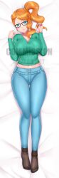 assistant bed blue_legwear breasts dakimakura female female_only fully_clothed game_freak ginger_hair glasses kaos_art legwear light-skinned_female light_skin looking_at_viewer nintendo pokemon pokemon_ss sonia_(pokemon) thighs voluptuous