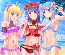 3girls :> alternate_costume bangs beach bikini blonde_female blonde_hair blue_bikini blue_eyes blue_hair blue_swimsuit breasts clarine_(fire_emblem) female female_only fire_emblem fire_emblem:_the_binding_blade fire_emblem_heroes flower hair_flower hair_ornament head_wreath highres light_blue_eyes lilina_(fire_emblem) lilina_(summer)_(fire_emblem) multiple_girls nintendo ocean official_alternate_costume ponytail purple_bikini purple_eyes purple_swimsuit red_bikini red_swimsuit shanna_(fire_emblem) short_hair small_breasts smile swimsuit tsukimura_(d24f4z8j3t)