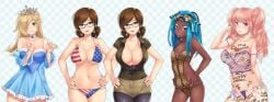 4girls alternate_costume american_flag american_flag_bikini big_breasts bikini bikini_bottom bikini_top blue_dress blue_hair body_writing brooke_belrose candace_crush cosplay dark-skinned_female dark_skin dress fake_breasts fishnet_shirt fishnets flat_chest heterochromia huge_breasts huniepop huniepop_2 kyu_sugardust large_breasts leopard_print light-skinned_female light_skin lingerie medium_breasts multiple_girls navel pantyhose pink_eyes pink_hair prostitution purple_thong shirt shorts skimpy skimpy_clothes small_breasts strapless_dress take_your_pick tally_marks thong used_condom video_games zoey_greene