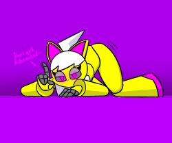 bottomless geometry_dash robot robot_girl shaking_ass shaking_butt staring_at_viewer text triangle_eyes trianna_(yellolight) white_hair yellolight