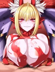 animal_humanoid areola areola_slip bed big_breasts blonde_hair blush bodily_fluids breast_play breasts canid canid_humanoid canine canine_humanoid digital_media_(artwork) duo facial_markings fate_(series) female female_penetrated first_person_view fox fox_humanoid fur furniture glistening glistening_body glistening_skin hair head_markings hi_res huge_breasts human humanoid inner_ear_fluff juno_(pixiv32541104) juno_opf light_body light_skin looking_at_viewer lying male male/female male_penetrating male_penetrating_female male_pov mammal mammal_humanoid markings nero_claudius_(fate) nipples nude paizuri penetration pubes queen_draco_(fate) red_body red_eyes red_fur sweat titfuck titjob tuft whore_of_babylon_(fate)